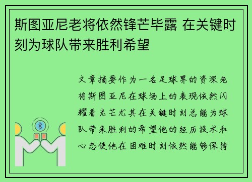 斯图亚尼老将依然锋芒毕露 在关键时刻为球队带来胜利希望