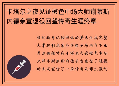 卡塔尔之夜见证橙色中场大师谢幕斯内德亲宣退役回望传奇生涯终章 卡塔尔之夜见证橙色中场大师谢幕斯内德亲宣退役回望传奇生涯终章